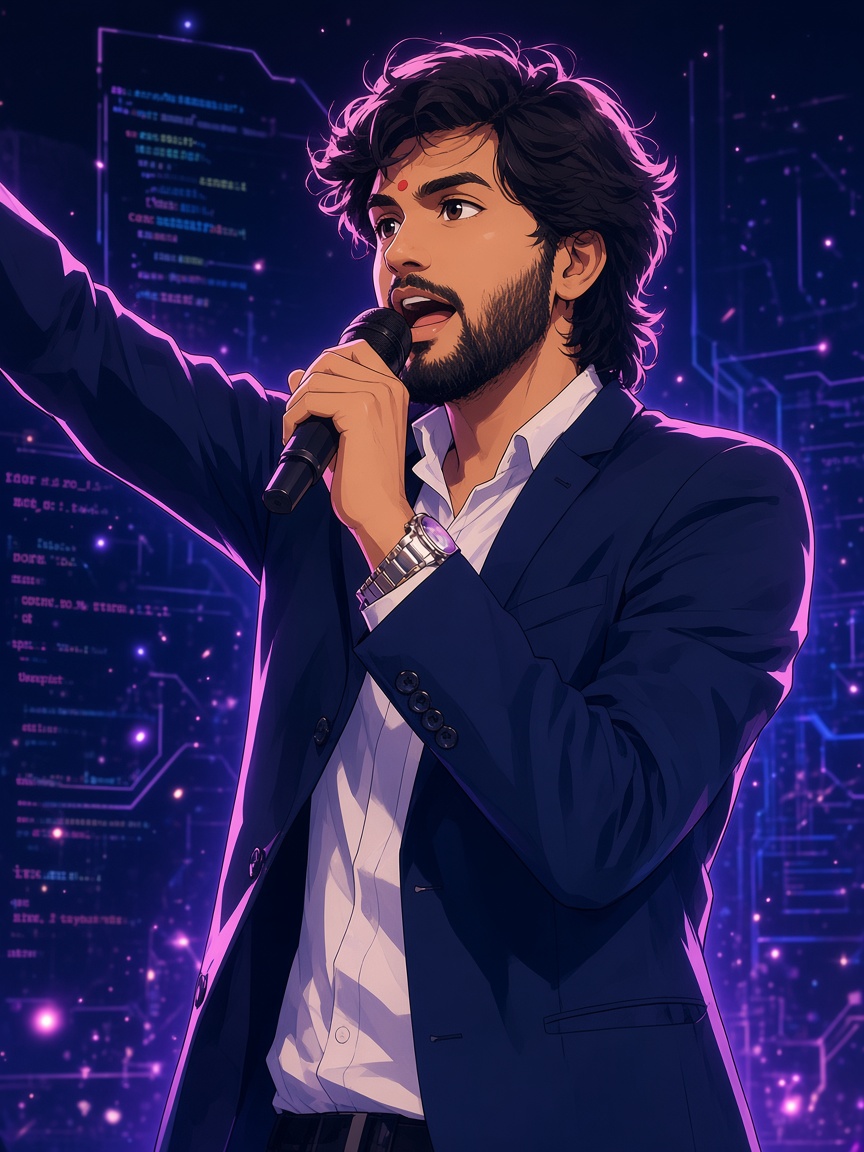 Anime illustration of Akshay speaking passionately into a microphone